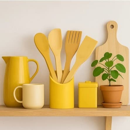 Kit 5 Utensilio de Cozinha de Bambu Colher De Pau 4 talheres e suporte Casa Colheres Madeira