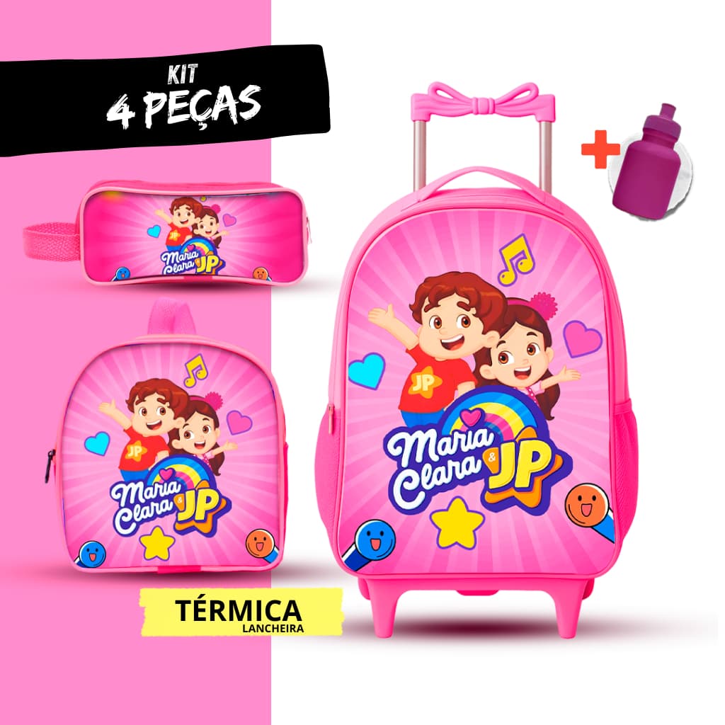 Kit Mochila Escolar de rodinha Maria Clara e JP + Lancheira TÉRMICA + Estojo