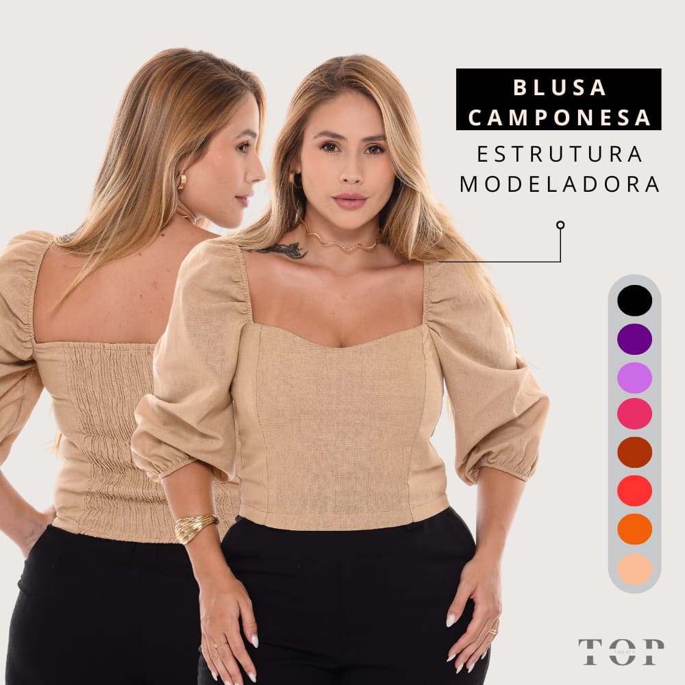 Blusa Cropped Feminina Camponesa com elástico nas Costas Manga Bufante
