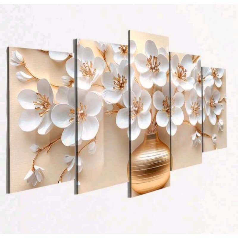 Quadro Decorativo 5 Peças Vaso Dourado Luxo Flores Brancas
