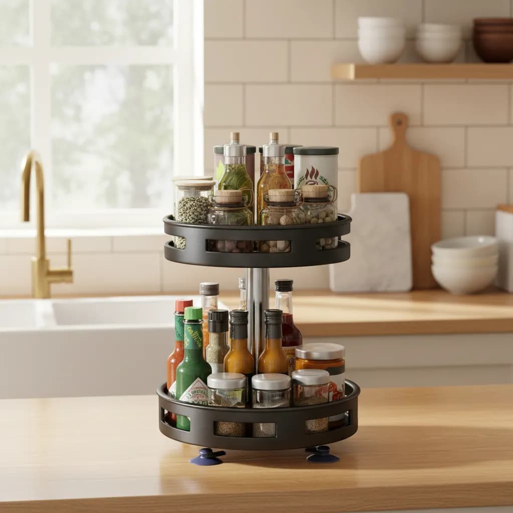 Organizador Multiuso Giratório 2 Cestos Aço Cozinha Bancada Temperos Cosméticos Maquiagem Higiene