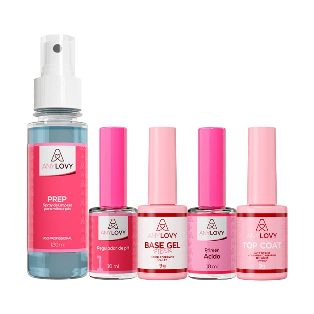 Kit Preparadores ( Prep Regulador Gel Base Fiber Primer Ácido E Finalizador Top Coat ) Any Lovy