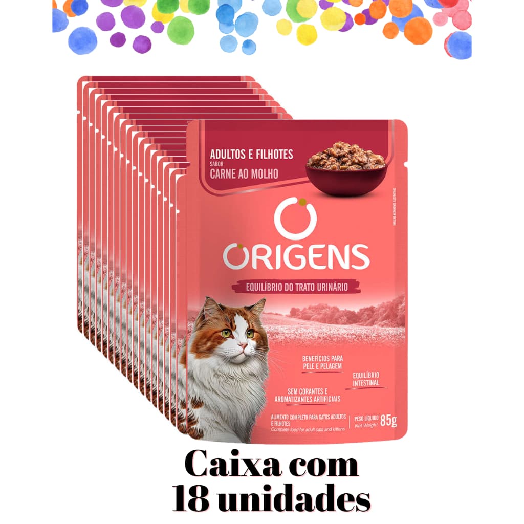 Sachê Origens Premium Especial Gatos Adultos e Filhotes Sabor Carne ao Molho 85g - Cx c/ 18 unid - Ração umida