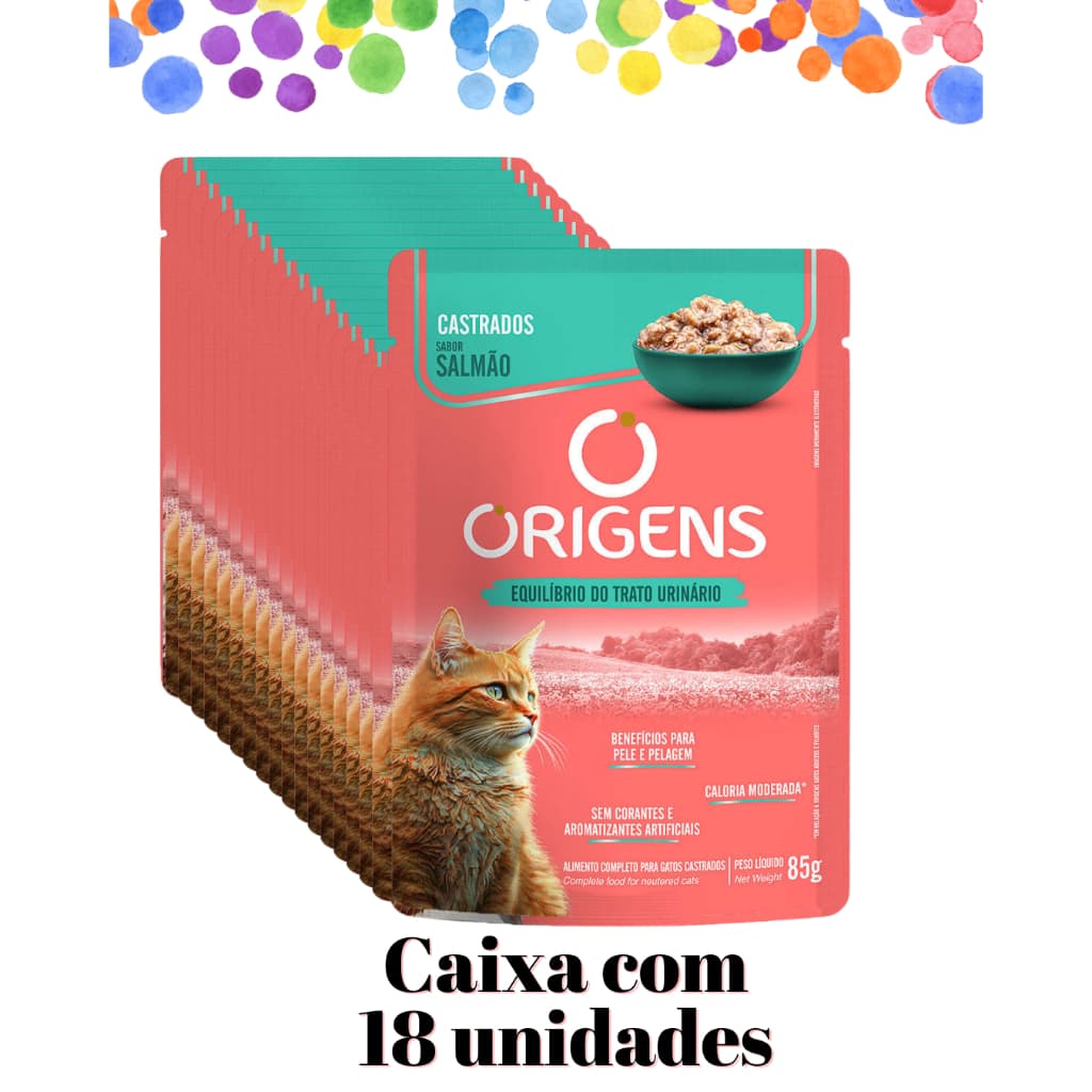Sachê Origens Premium Especial Gatos Adultos Castrados Sabor Salmão 85g - Cx c/ 18 unid - Ração úmida
