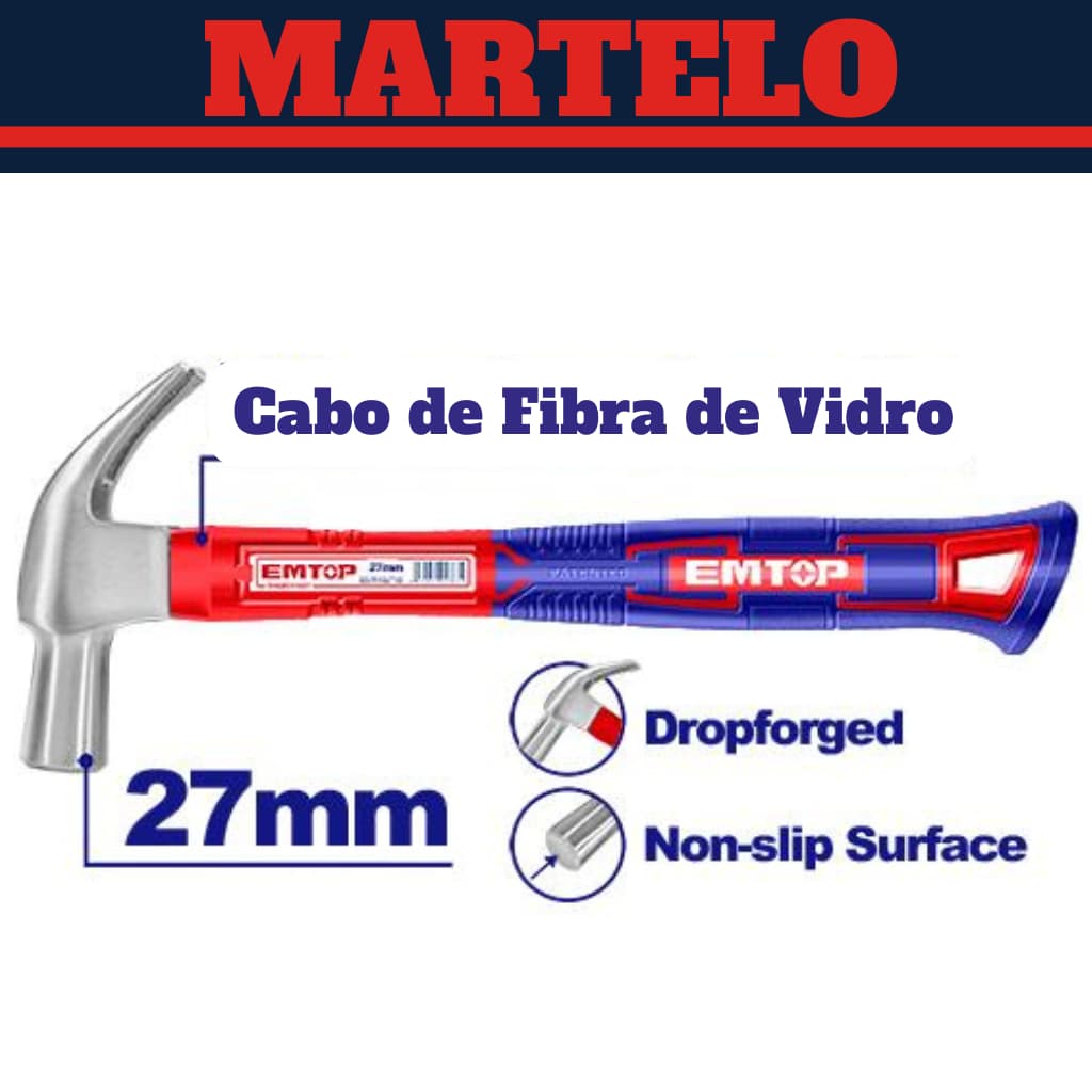 Martelo Carpinteiro Cabo Fibra de Vidro Antiderrapante - 27mm - Emtop
