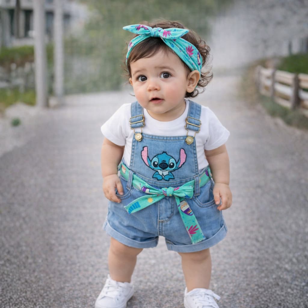 Macaquinho Jeans Bebê Menina P M G com Bordado Fofo, Alça Ajustável e Cintura Confortável Stitch 4-8