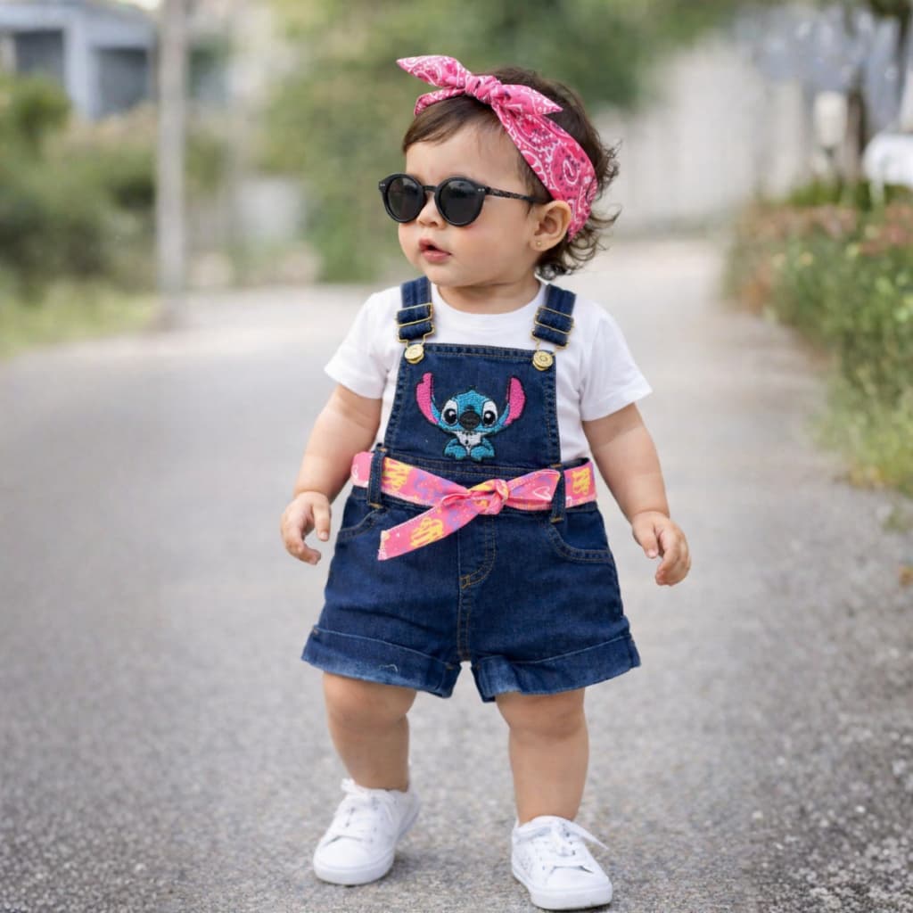 Macaquinho Jeans Infantil 1 a 3 Anos Bordado Stitch