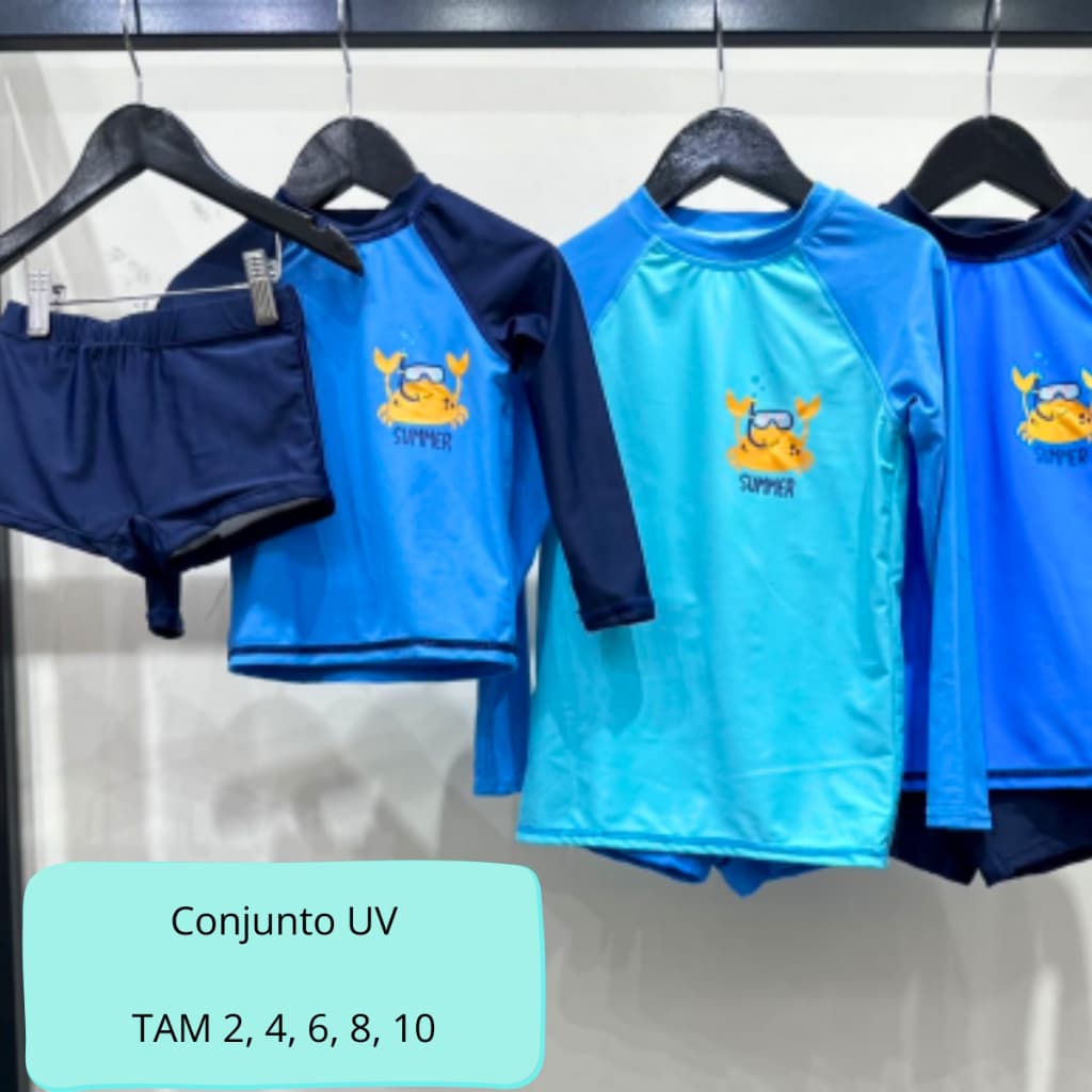 Conjunto Praia Infantil Menino Camiseta UV Manga Longa + Sunga Estampa Caranguejo Verão