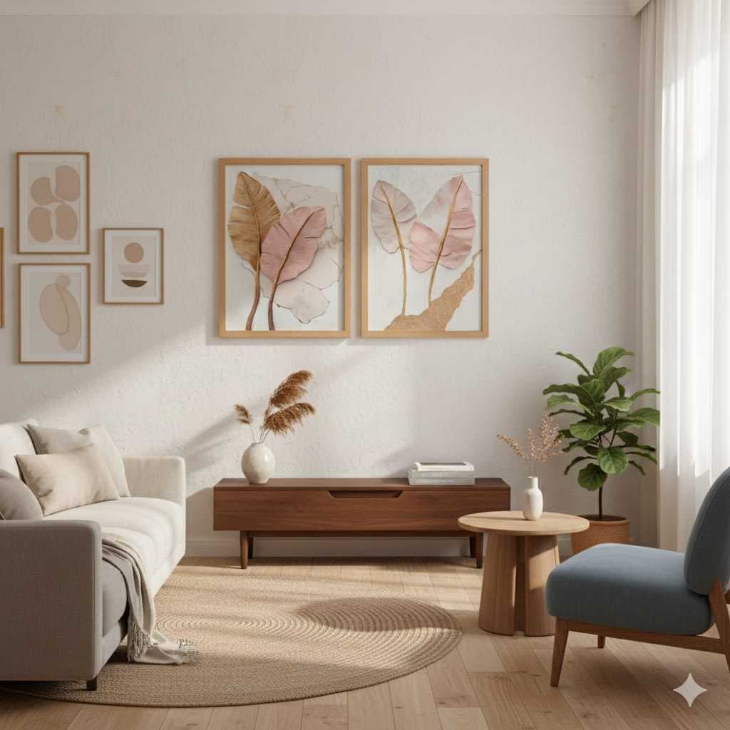kit 2 ​Quadro Decorativo Minimalista Folhas Boho Chic - Com Fita Dupla Face