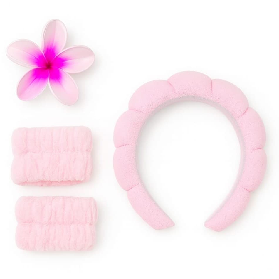 Kit Skincare - Tiara Nuvem, Faixa de Pulso e Presilha de Flor - Spa