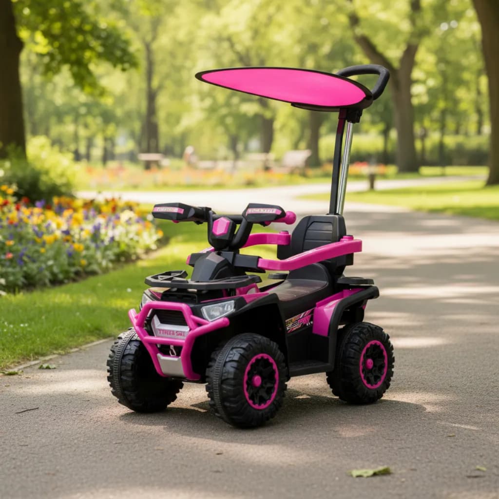 Quadriciclo Elétrico Infantil 6V Rosa com Empurrador e Cobertura Luz Música Bateria Recarregável 4 Rodas Estável Seguro