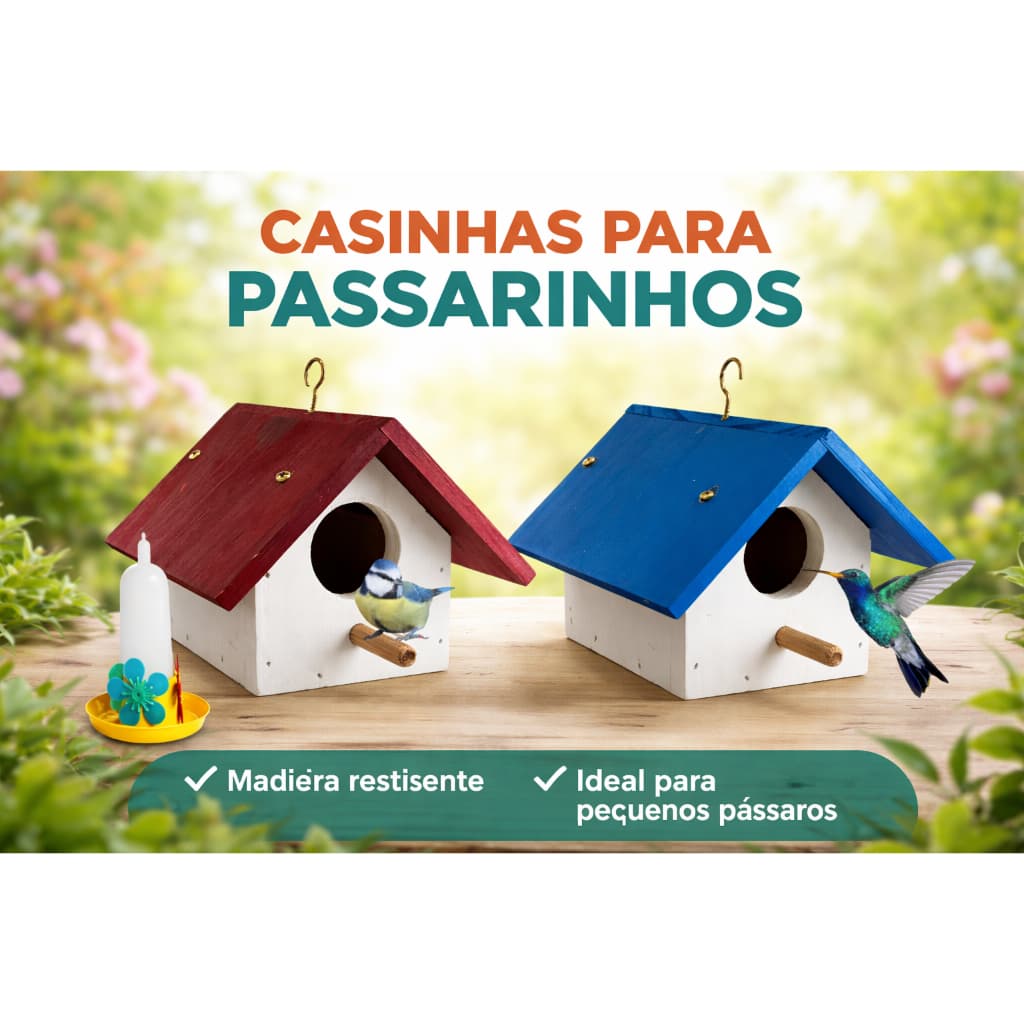 Casinha de Pássaro Perdurável Madeira Resistente 2 unidades Azul Vermelha Eco Montada Aves Pequeno Porte