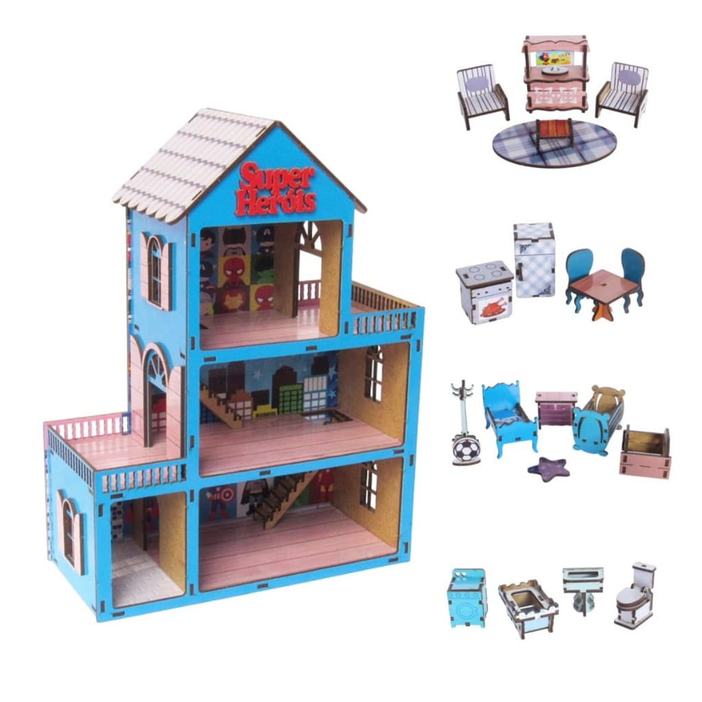 Casinha heróis 30cm em mdf colorido + 20 Mini Moveis Brinquedos