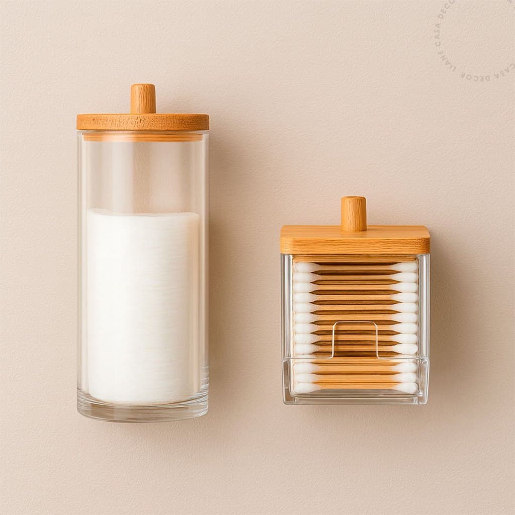 Kit Organizador Cotonete E Algodão Tampa Bambu Acrílico Transparente