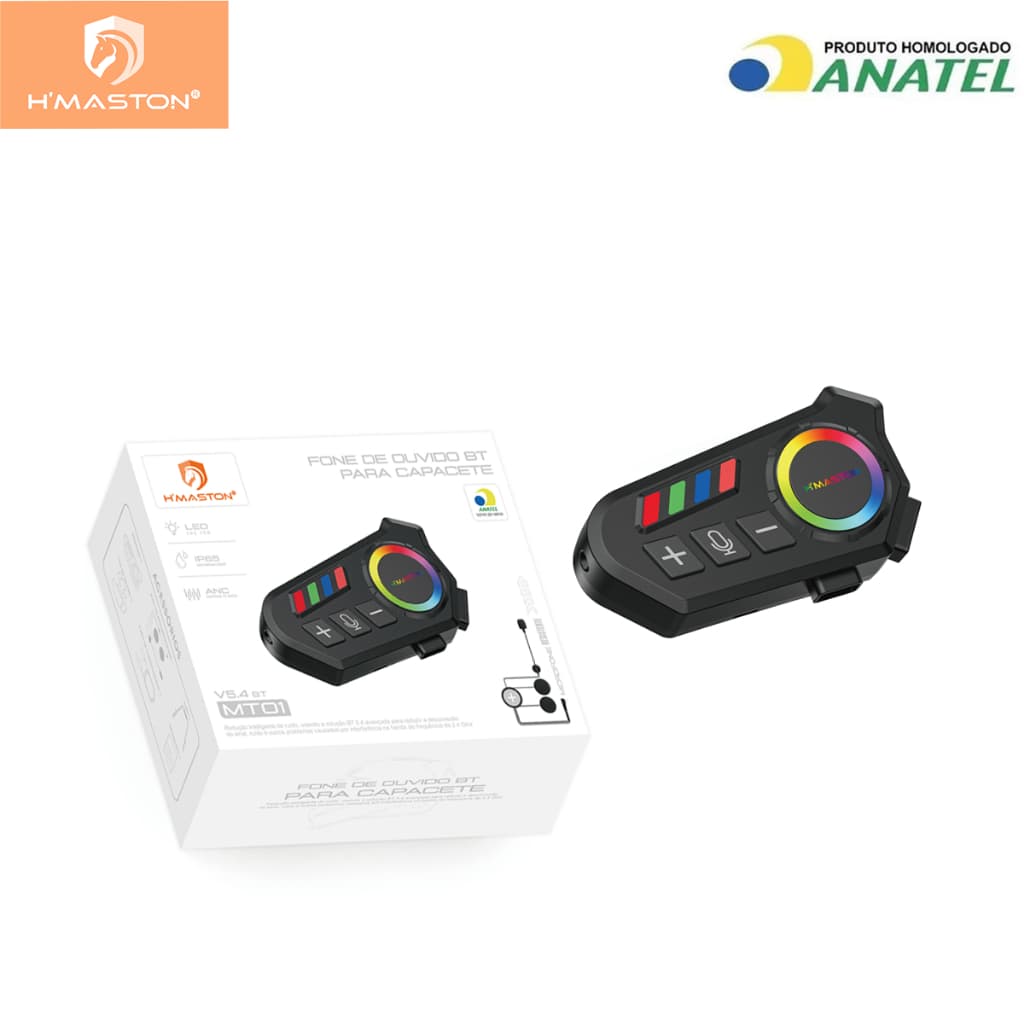 Fone Sem Fio Para Capacete Moto Bluetooth 5.4 Aprova de água  IP65 Com LED H'maston MT-02