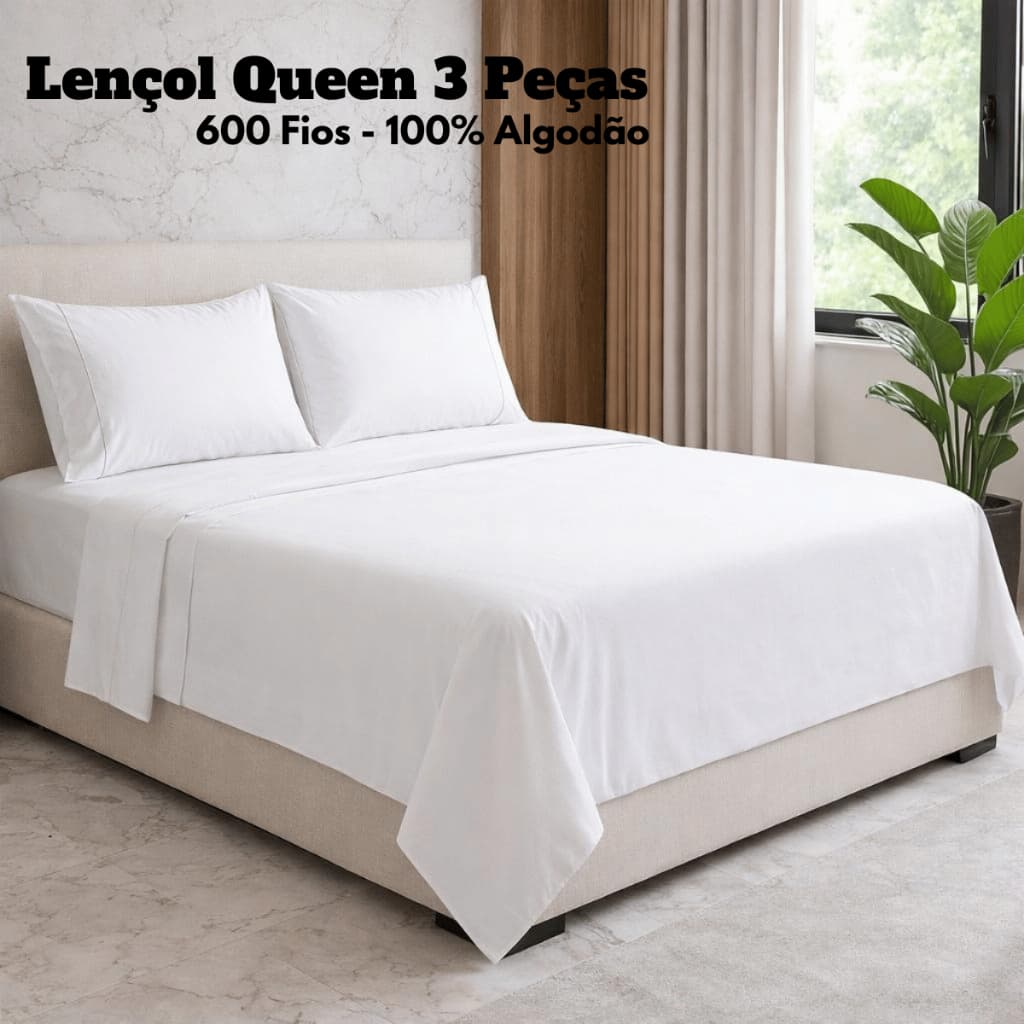 Lençol Queen 600 Fios 3 Peças 100% Algodão Egípicio 40cm Alt