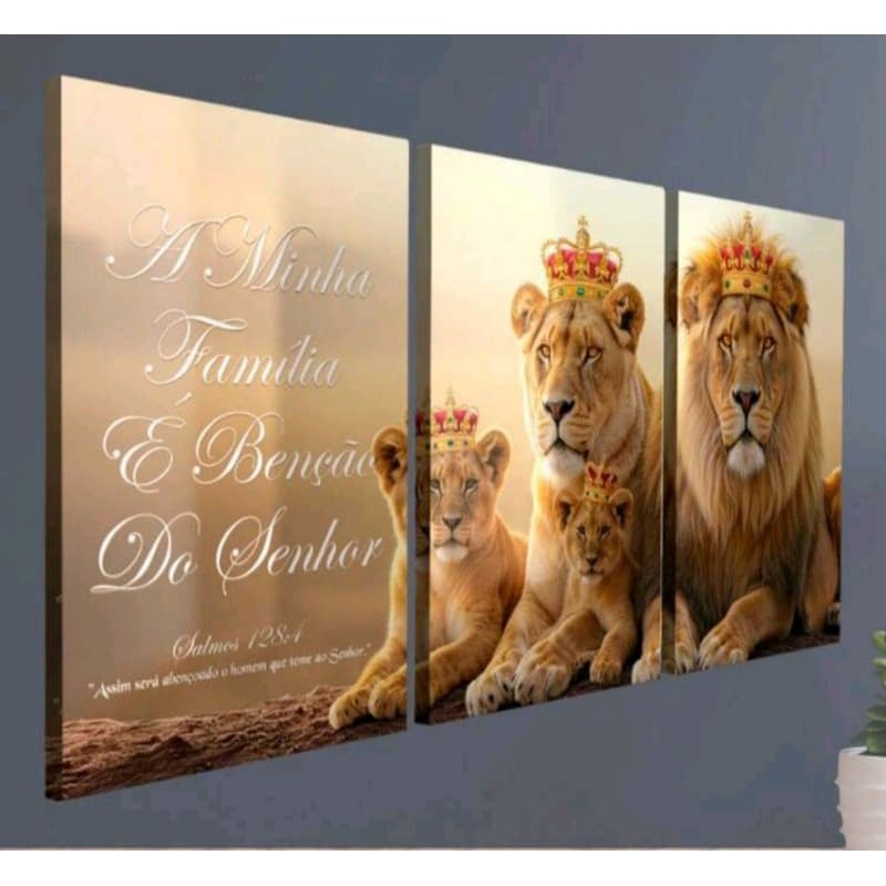 Quadro Decorativo 3 Peças Leão Família Bençãos Do Senhor