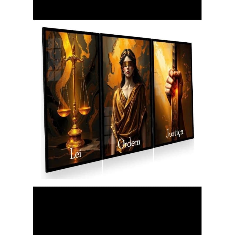 Quadro Mosaico Direito Lei Ordem e Justiça Luxo Gold - 3 Peças | H.E.P Decore