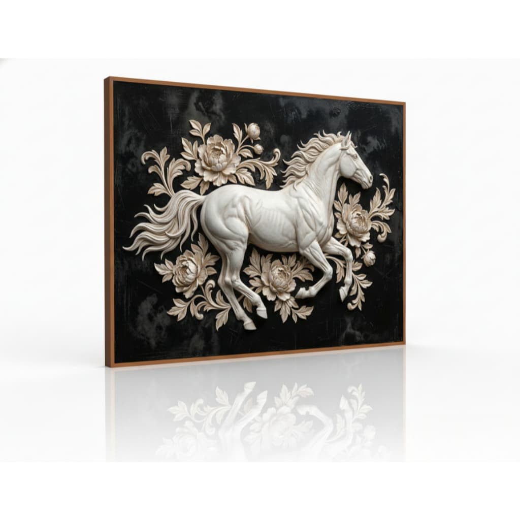Quadro Decorativo Cavalo Branco Floral Luxo Para Sala