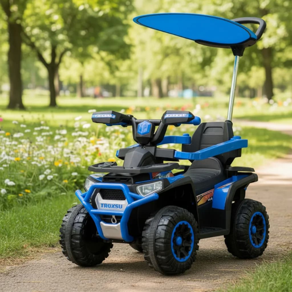 Quadriciclo Elétrico Infantil 6V Azul com Empurrador e Cobertura Luz Música Bateria Recarregável 4 Rodas Estável
