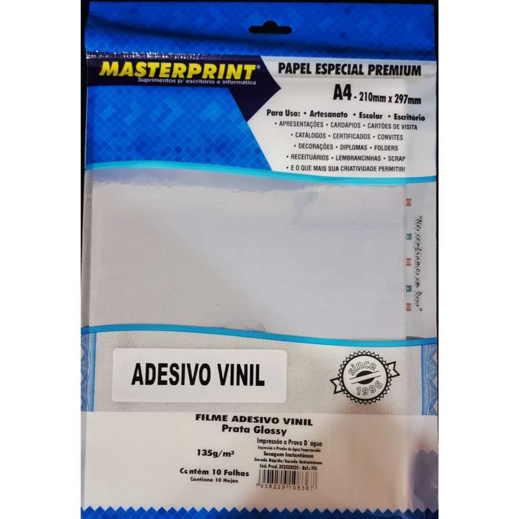 Papel ADESIVO VINIL PRATA glossy 135g 10 folhas MASTERPRINT a prova de água para TINTA CORANTE