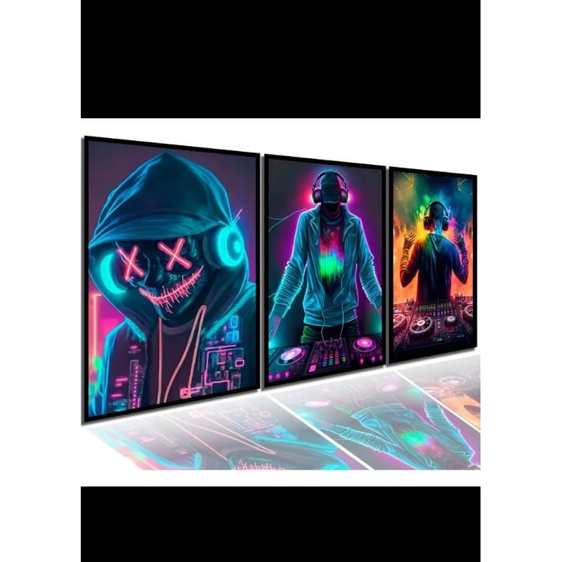 Quadro Gamer DJ Neon Cyberpunk Mosaico 3 Peças Premium | H.E.P Decore