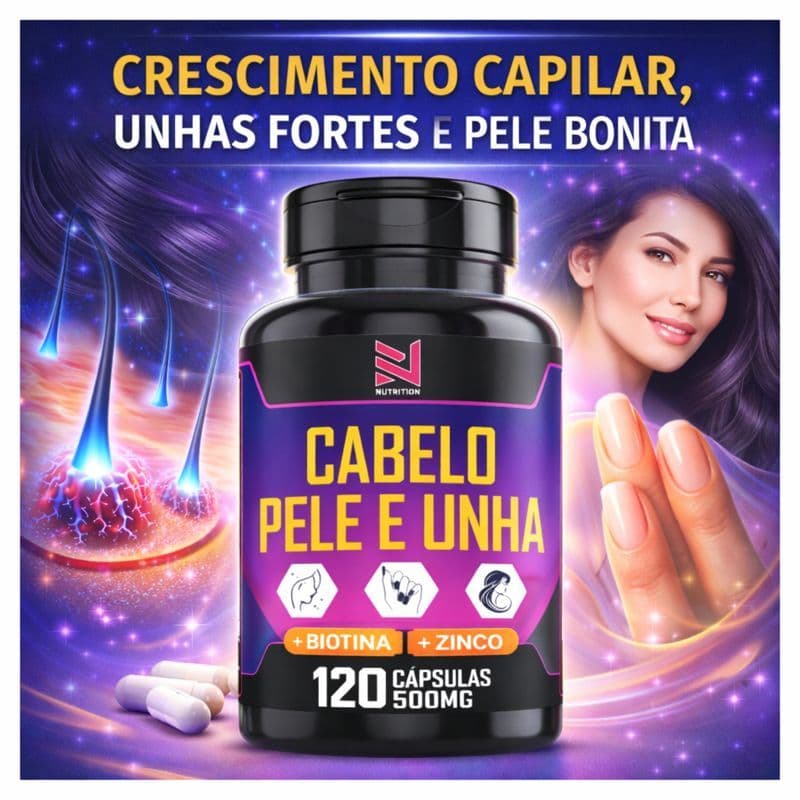 Vitamina Cabelo Pele e Unha 120 Cáps Biotina Zinco Crescimento Capilar, Queda de Cabelo Unhas Fortes