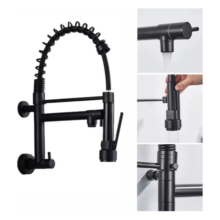 Torneira Gourmet Cozinha Parede Preto com Modo Chuveirinho Spray Aço Inox Torneira Cozinha Gourmet