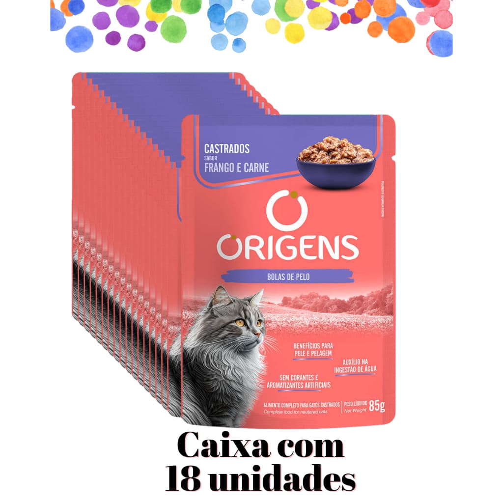 Sachê Origens Premium Especial Gatos Adultos Castrados Sabor Frango e Carne 85g - Cx c/ 18 unid - Ração úmida