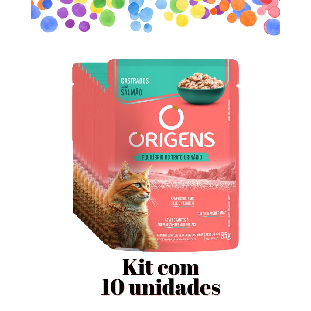 kit 10 unid - Sachê Origens Premium Especial Gatos Adultos Castrados Sabor Salmão 85g - Ração úmida