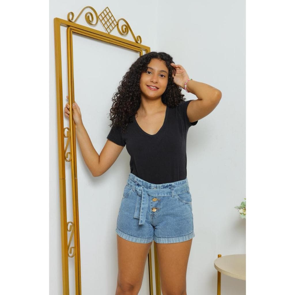 Short Menina Marmorizado Com Cinto e Botões Dourados Luxo