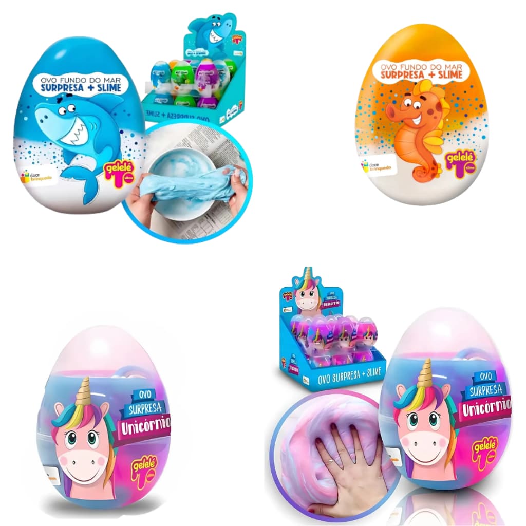Kit Com Até 6 Slime + Ovo Supresa Colorido Divertido Gelelé Potes Slimes Unicórnio e Fundo Do Mar