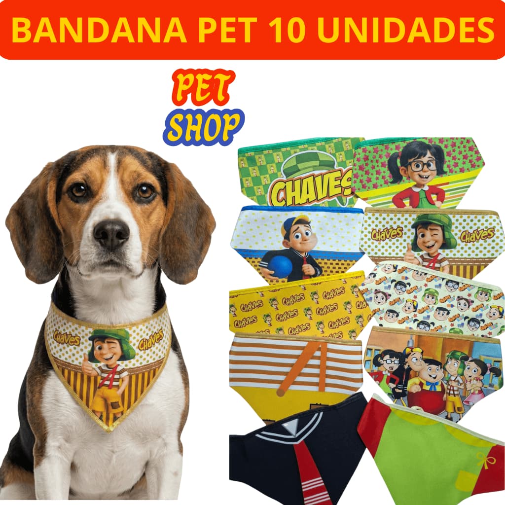 Kit 10 Bandanas Pet Shop Banho e Tosa Chaves Porte Grande Cães Gatos Estampa Divertida Atacado