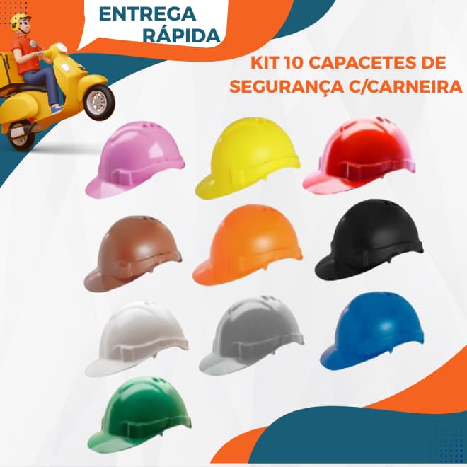 Kit 10 Capacetes De Segurança C/ Carneira Obra Proteção Epi