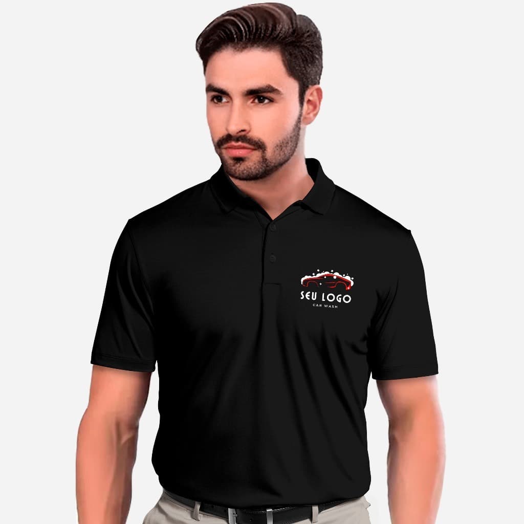 Camisa Polo Personalizada Masculina com Logo Estampado no Peito e Mangas Uniforme