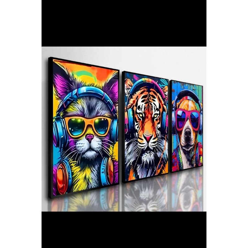 Quadro Mosaico Trio Pets DJ Pop Art Colorido - Gato, Tigre e Cão | H.E.P Decore