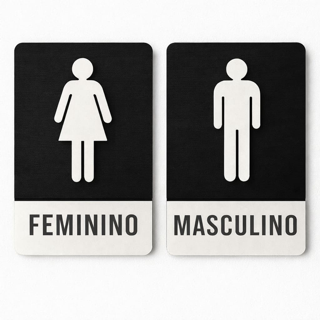 Kit  Placas De Sinalização Vertical Sanitário Masculino E Feminino Em MDF Preto