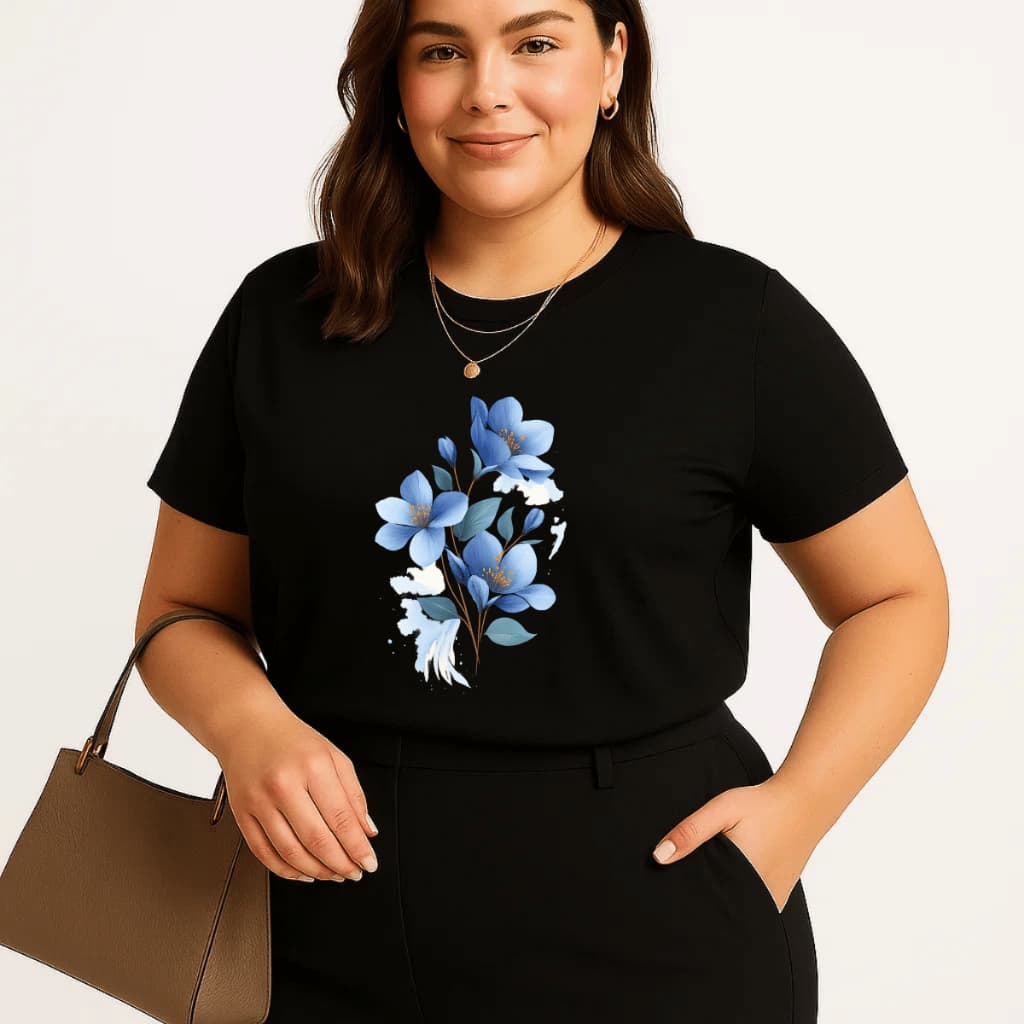 Camiseta Plus Size Feminina Estampada Flores Azul 100% Algodão Premium Verão Manga Curta Academia Treino Casual