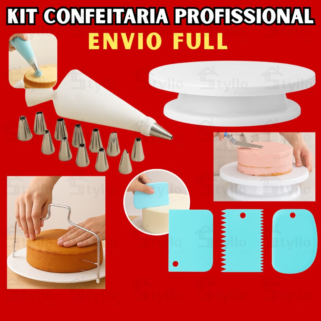 Kit Confeitaria Profissional Completo Base Para Bolo Bailarina Giratória Bicos Decorativos Cortador E Espátula Nivelador