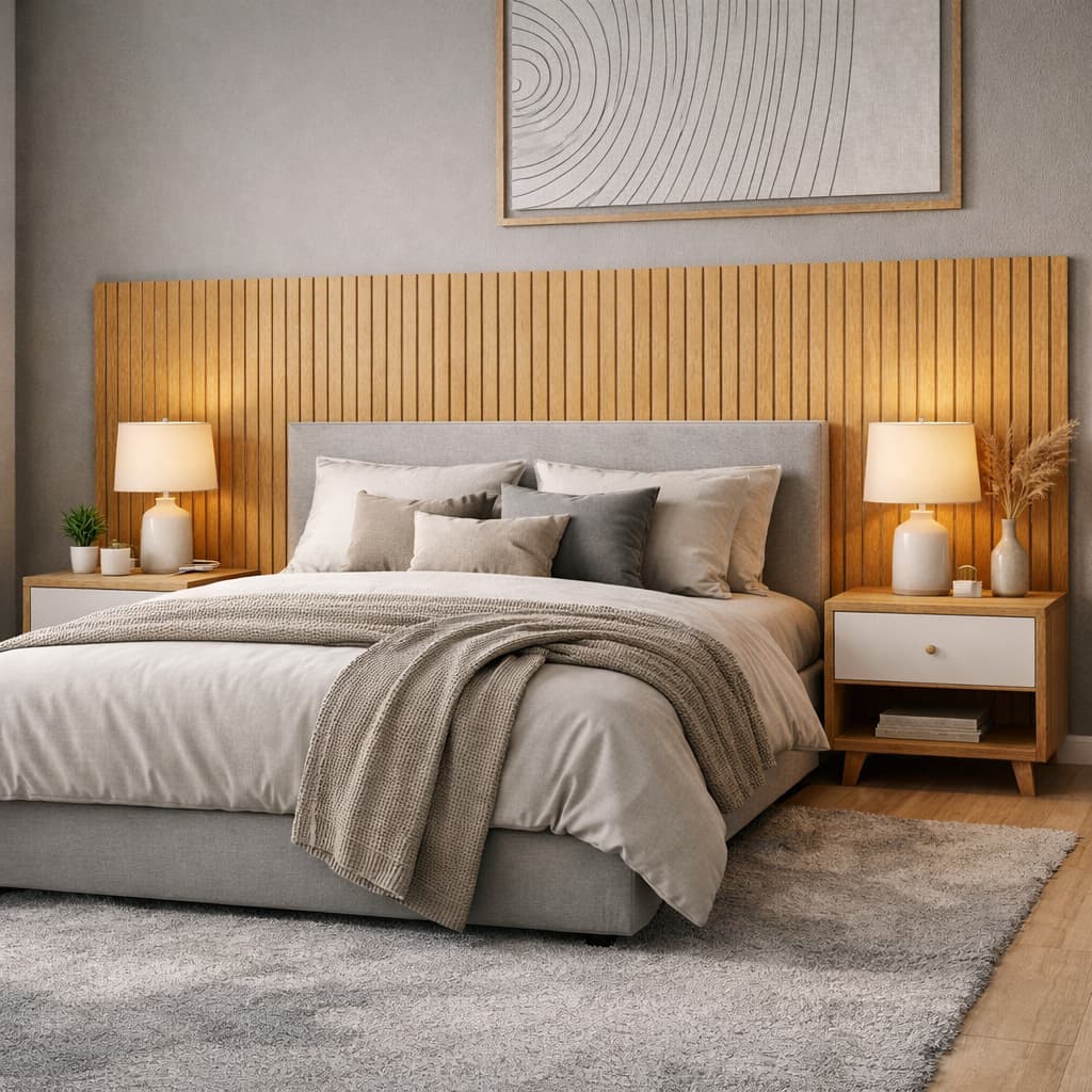 Cabeceira Ripada Amadeirada Moderna Painel Decorativo Para Quarto Cama Box Casal 253cm