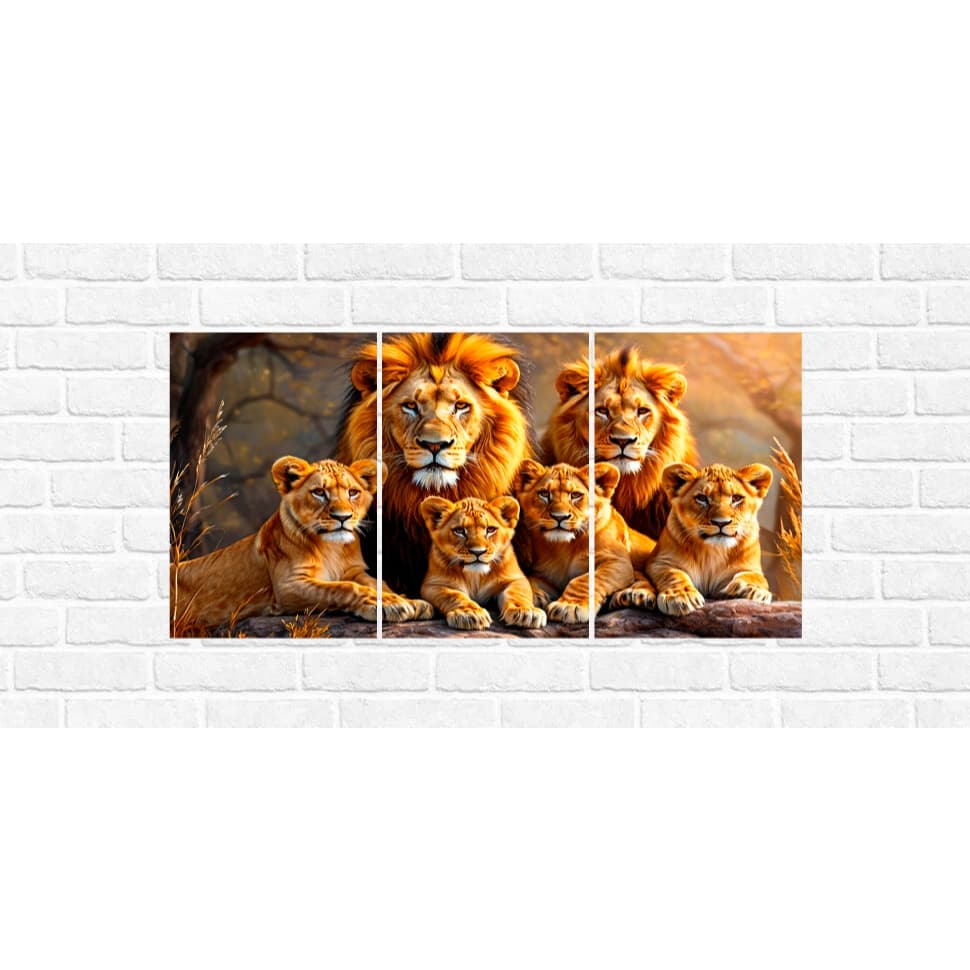 Quadros Decorativos 3p leao leoa filhotes decoração sala quarto escritório