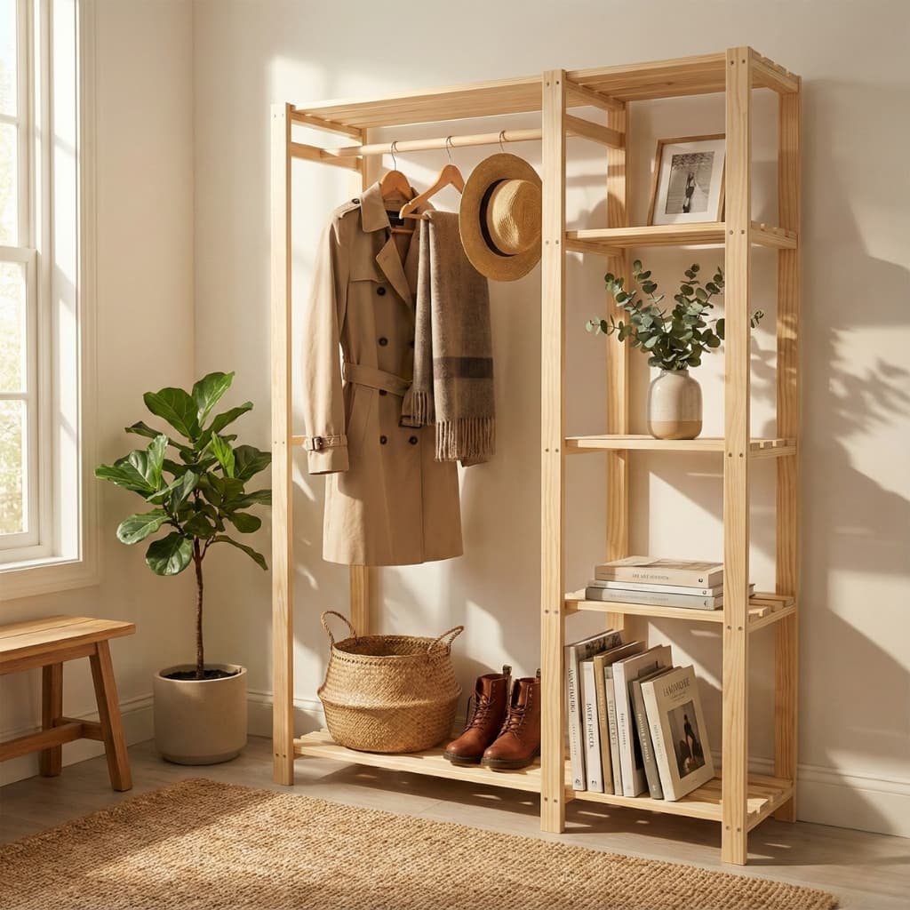 Guarda Roupa Portatil Arara Multifuncional Organizador Estrutura de Madeira Pinus