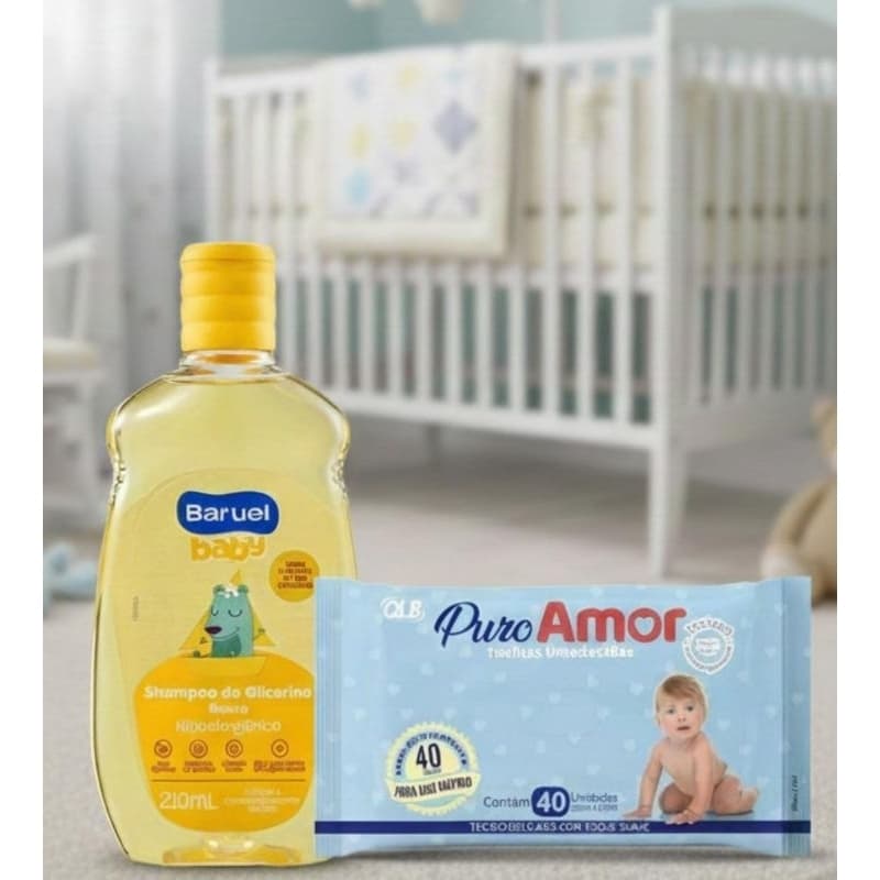 Kit shampoo Baruel 210ml + Lenço umedecidos 40und Puro amor / Bebê Familia cuidados carinho higiene limpeza pele