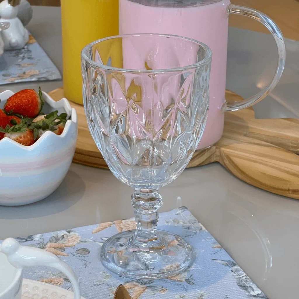 Jogo 6 Taças Diamante 340ml Vidro Transparente para Vinho Água Drink Mesa Posta