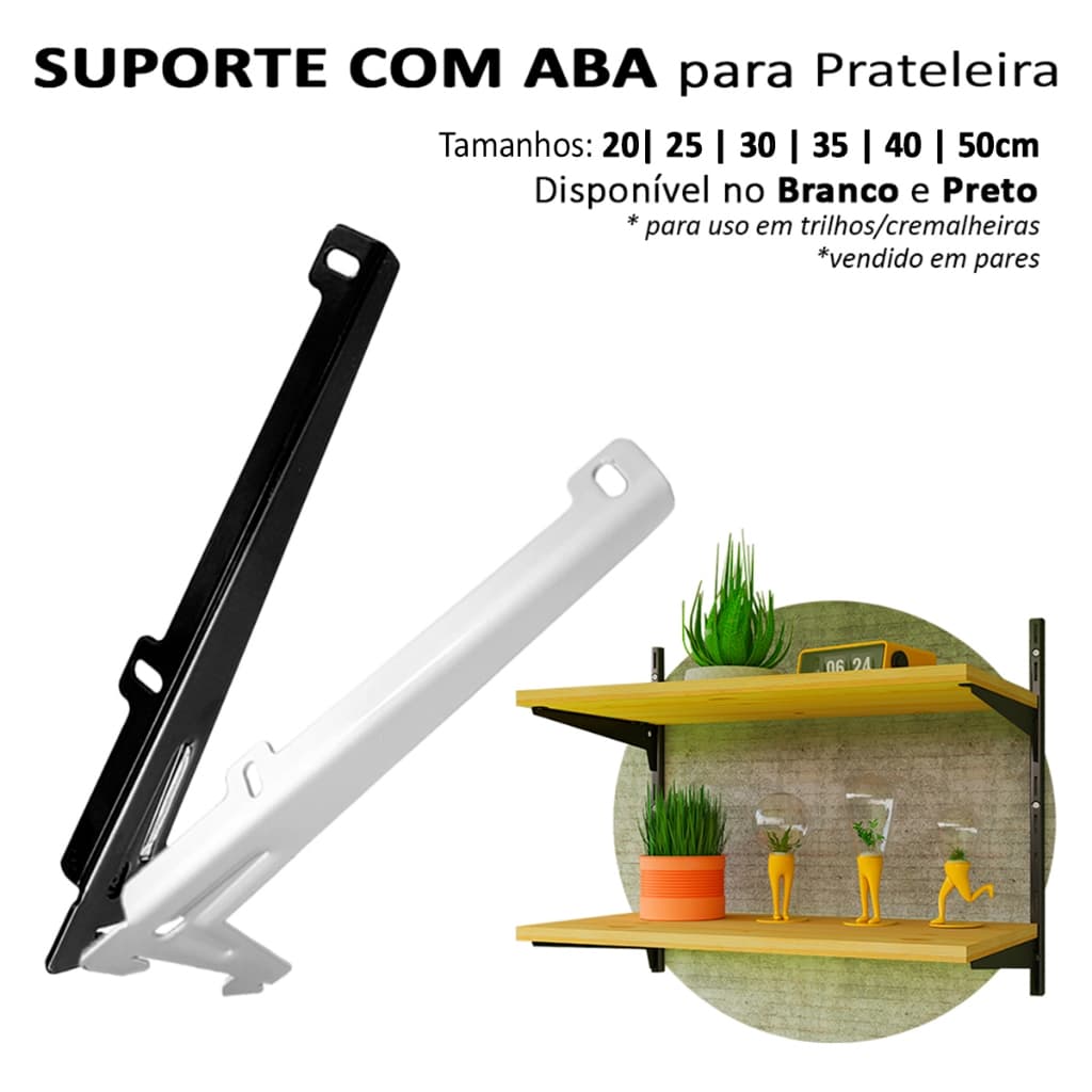1 Par Suporte Com Aba Trilho Cremalheira Para Prateleira 20cm 25cm 30cm 35cm 40cm Branco Preto