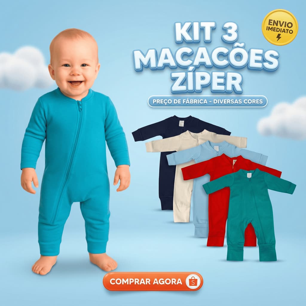Macacão Bebê Menino Kit 3 Peças 100% Algodão Inverno Macio Com Zíper Vira Pé P M G