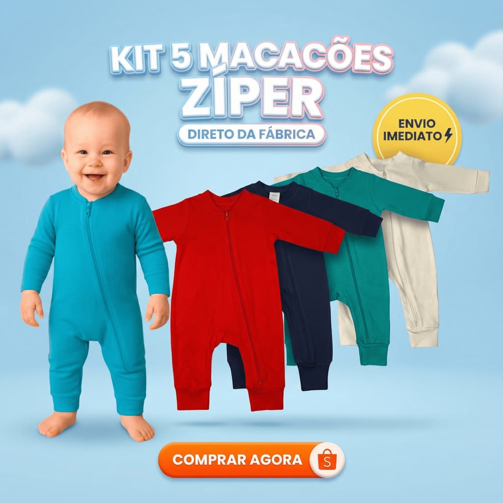 Kit 5 Macacões Menino Liso Bebê Algodão Zíper Vira Pé Inverno Infantil Macio Macacão