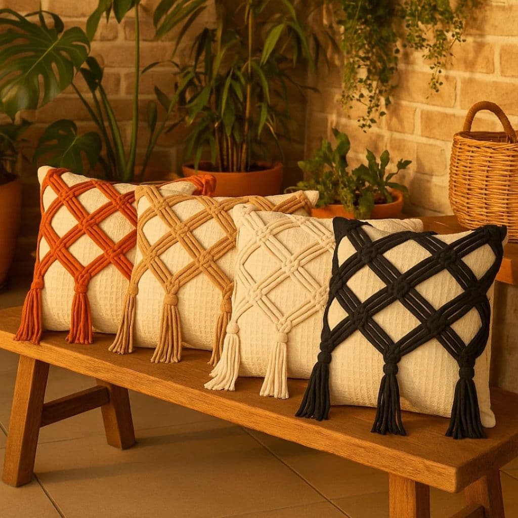 Capa Decorativa 45x45cm – Boho Macramê em Algodão Cru com Franja e Tranças Elegantes