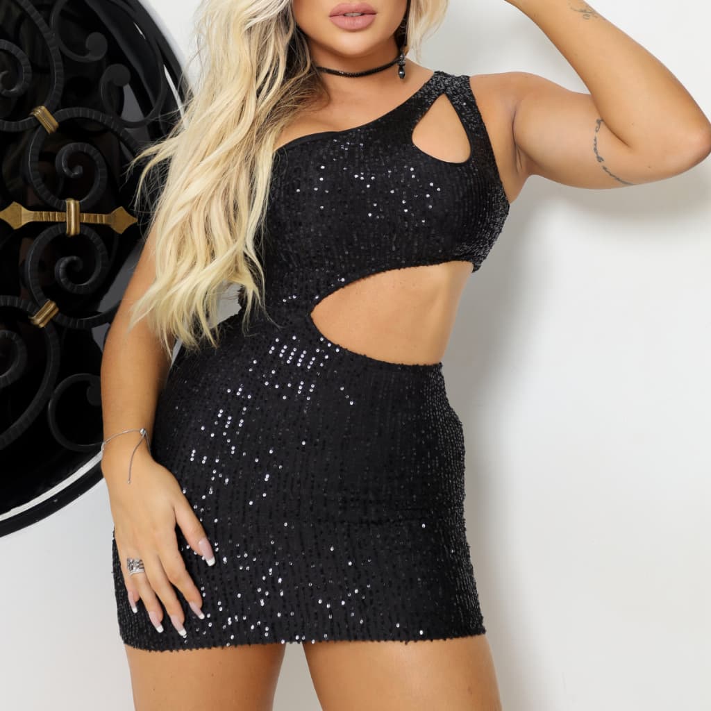 Vestido Paetê Curto Feminino Tubinho Decotado Festa Brilhoso com Abertura Lateral