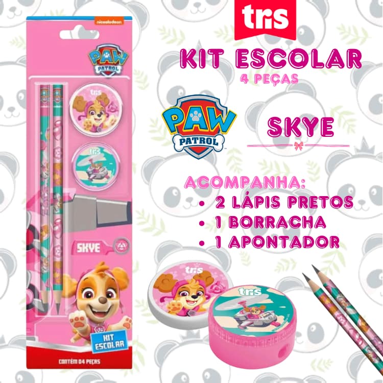 Kit Escolar 4 Peças Lápis Apontador e Borracha Skye Patrulha Canina | Tris
